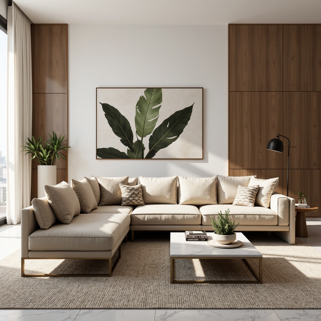 Prompt: Elegant living room, neutral color palette, creamy whites, warm beiges, rich wood tones, plush velvet sofas, sleek metal frames, minimalist coffee tables, statement lighting fixtures, geometric patterned rugs, textured throw pillows, botanical prints, natural fiber upholstery, smooth marble surfaces, soft warm lighting, shallow depth of field, 1/1 composition, realistic textures, ambient occlusion.