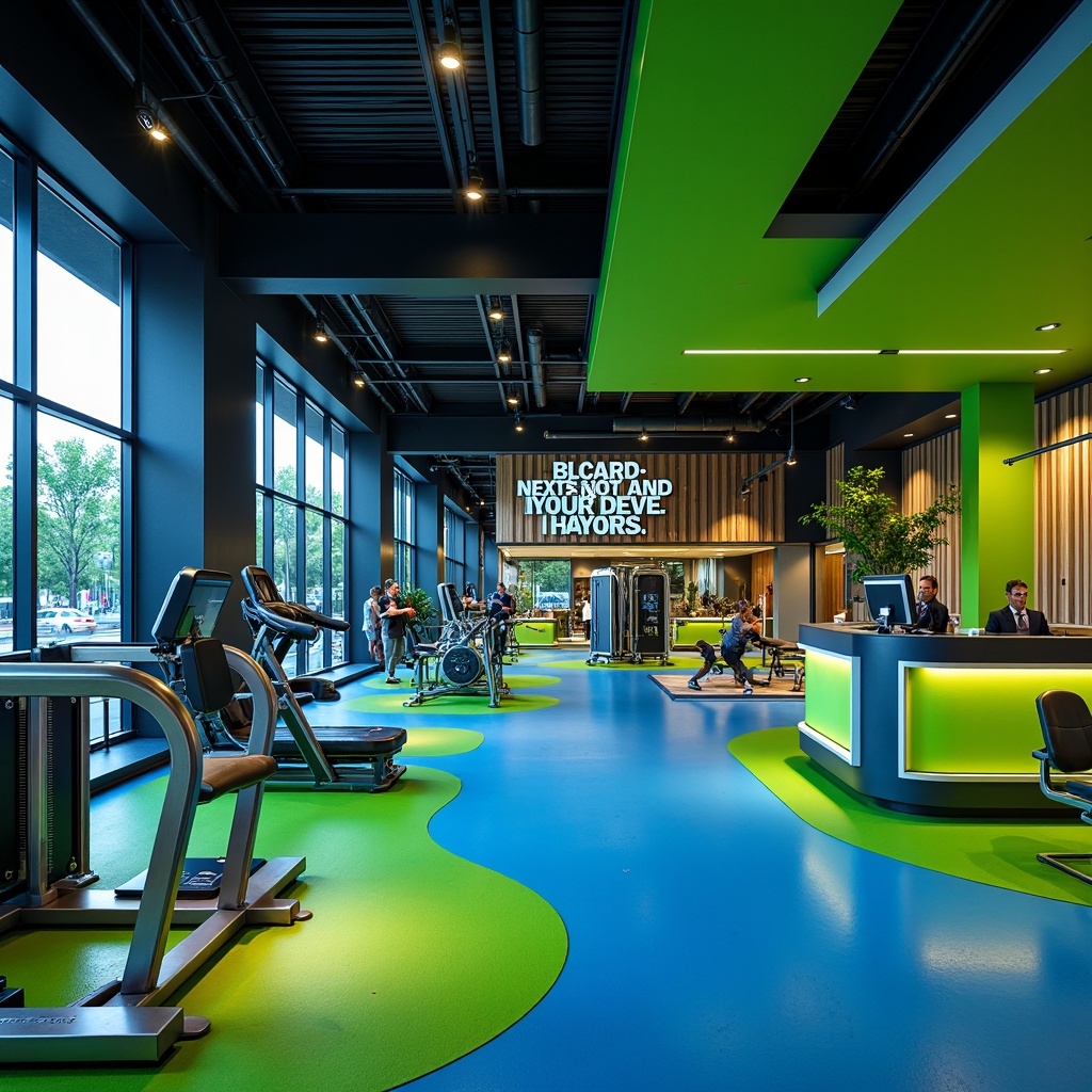 Prompt: Vibrant fitness club interior, bold energetic colors, neon green accents, deep blue tones, metallic silver equipment, high-gloss flooring, modern minimalist decor, dynamic lighting system, motivational quotes, sleek reception desk, spacious workout areas, state-of-the-art machinery, clean lines, geometric shapes, refreshing atmosphere, natural wood textures, calming plants, 1/1 composition, softbox lighting, ambient shadows.