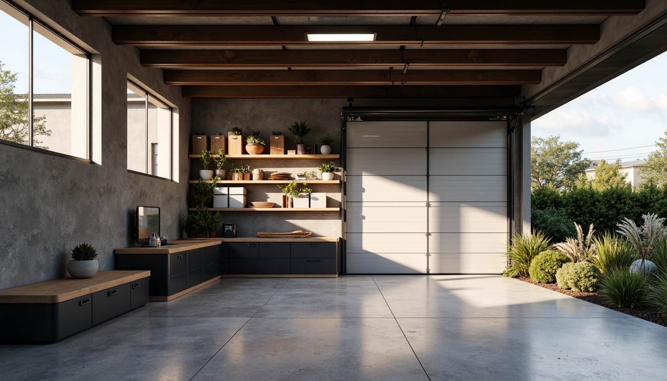 Prompt: Industrial metal garage doors, clean lines, monochromatic color scheme, polished concrete floors, minimal ornamentation, functional shelving units, sleek storage bins, modern LED lighting, natural wood accents, sparse greenery, urban backyard setting, warm afternoon sunlight, shallow depth of field, 2/3 composition, realistic textures, ambient occlusion.