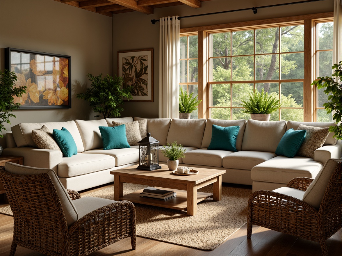 Prompt: Cozy family room, warm beige walls, dark wood accents, plush sectional sofas, vibrant turquoise throw pillows, natural fiber rugs, woven wicker armchairs, rustic wooden coffee tables, ornate metal lanterns, lush greenery, potted plants, sunny windows, soft warm lighting, shallow depth of field, 3/4 composition, panoramic view, realistic textures, ambient occlusion.