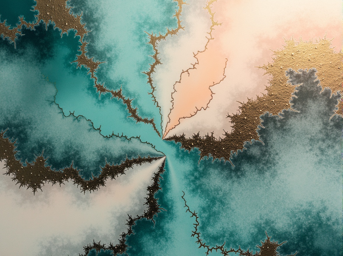 Prompt: Richly toned abstract art, vibrant turquoise accents, creamy white backgrounds, soft peach hues, deep charcoal outlines, metallic silver highlights, warm golden lighting, atmospheric misty effects, 3/4 composition, shallow depth of field, realistic textures, ambient occlusion.