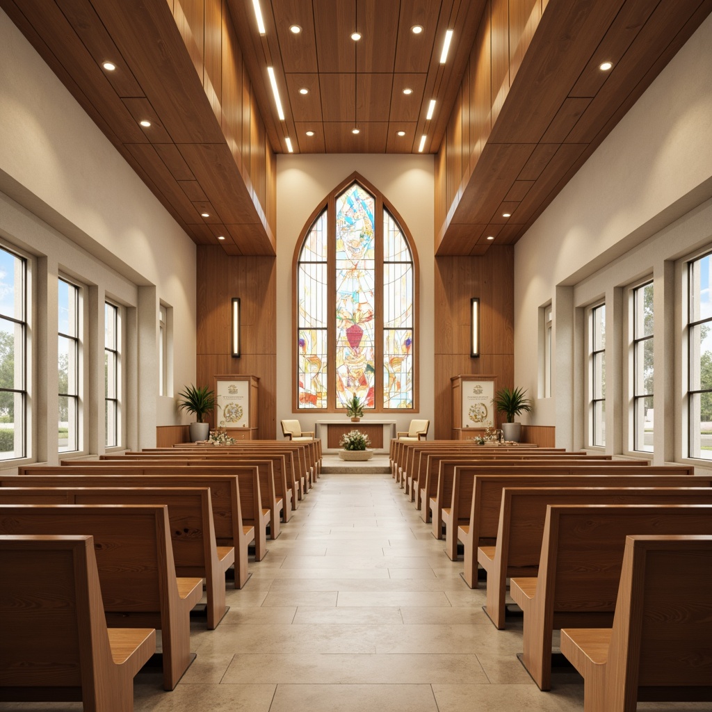 Prompt: Modern church interior, sleek lines, minimalist aesthetic, neutral color palette, wooden pews, comfortable cushioning, elegant lighting fixtures, stained glass windows, subtle spiritual symbols, peaceful ambiance, natural stone flooring, warm beige tones, contemporary furniture pieces, simplistic altar design, understated podiums, curved benches, acoustic paneling, soft warm lighting, 1/1 composition, realistic textures, ambient occlusion.