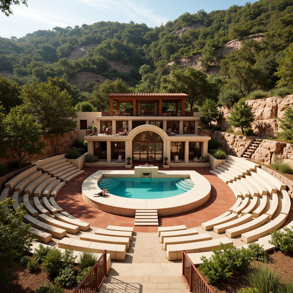 Prompt: Vibrant open-air amphitheater, warm beige stone seating, rich terracotta flooring, lush green hillside, natural wood accents, earthy tone stage, bold turquoise pool, sunny day, soft warm lighting, shallow depth of field, 3/4 composition, panoramic view, realistic textures, ambient occlusion, comfortable audience seating, stairway access, decorative metal railings.