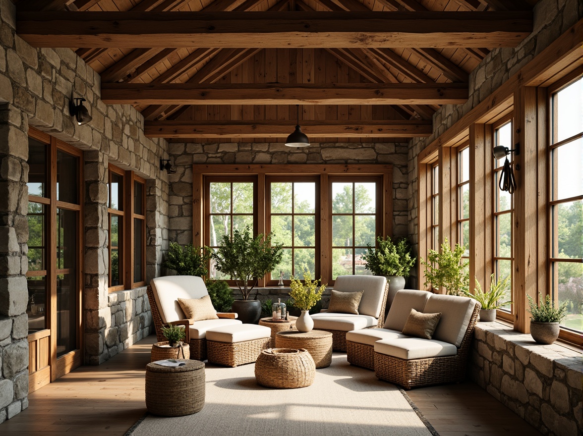 Prompt: Rustic sunroom, wooden beams, stone walls, natural textiles, plush armchairs, vintage coffee tables, woven baskets, potted plants, earthy color palette, warm cozy ambiance, soft diffused lighting, 1/2 composition, shallow depth of field, realistic wood grain textures, ambient occlusion.