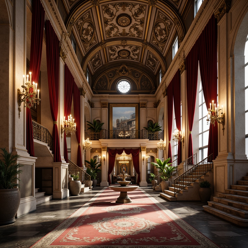 Prompt: Ornate palaces, intricately carved stone facades, gilded ornamentation, velvet drapes, ornamental fountains, grand staircases, polished marble floors, richly patterned rugs, lavish chandeliers, dramatic ceiling vaults, soft warm candlelight, shallow depth of field, 1/1 composition, realistic textures, ambient occlusion.