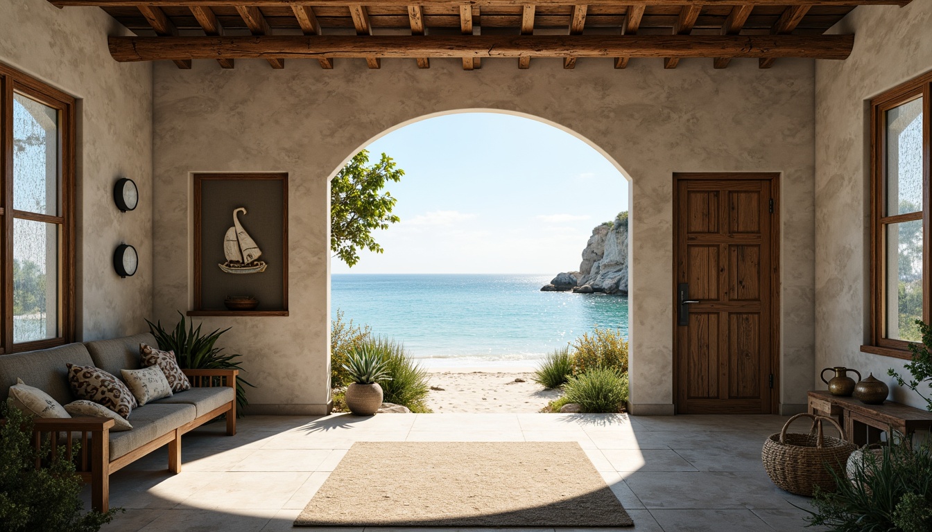 Prompt: Serene coastal landscape, gentle sea breeze, soft white sandy beach, driftwood accents, weathered stone walls, rustic wooden doors, stained glass windows, vaulted ceilings, nautical-themed decorations, ocean-inspired colors, calming natural light, warm sunbeams, subtle shadows, shallow depth of field, 1/1 composition, symmetrical architecture, elegant simplicity, spiritual ambiance, peaceful atmosphere, gentle sea sounds, serene worship spaces.