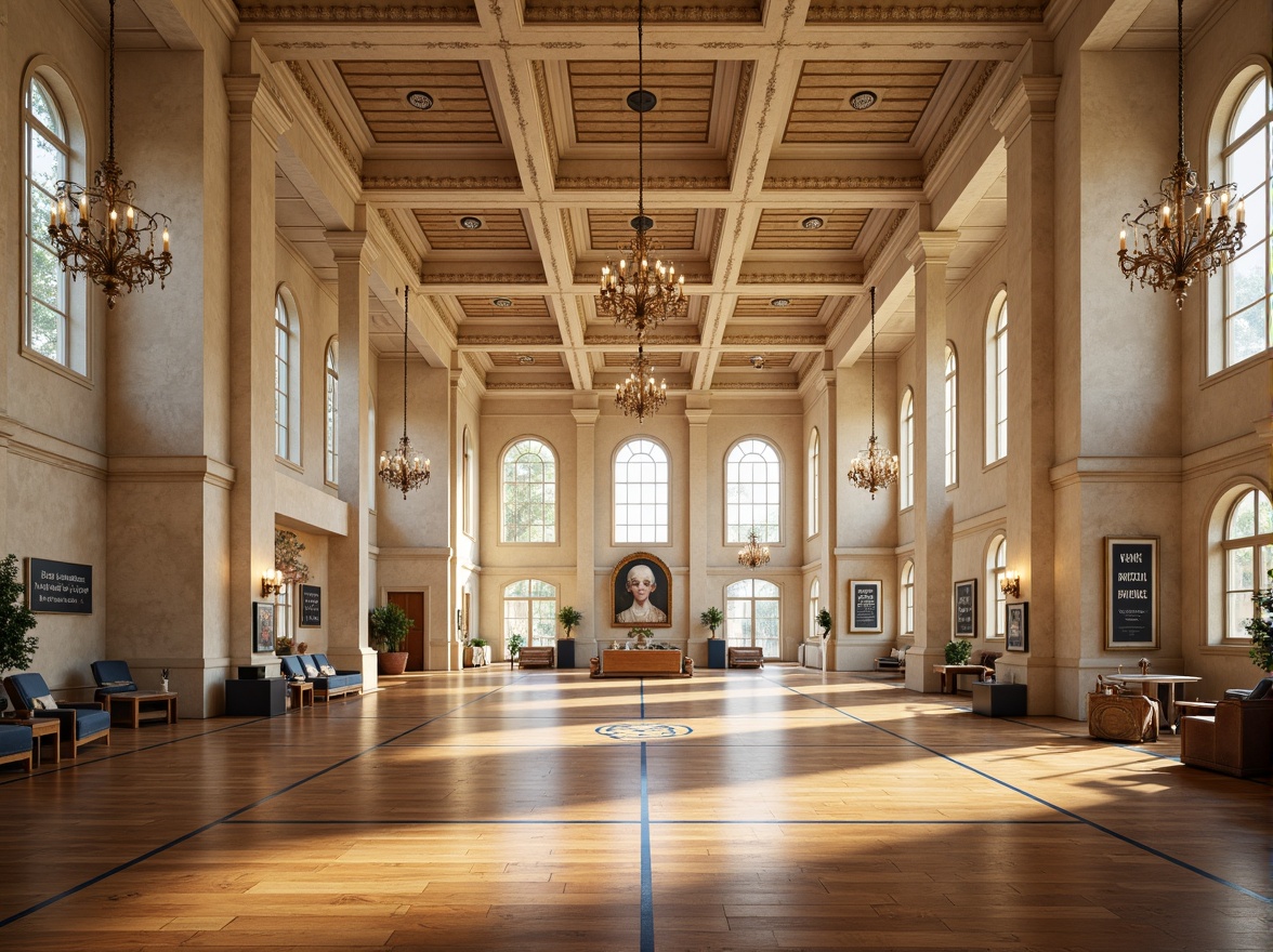 Prompt: \Elegant gymnasium, neoclassical architecture, cream-colored stone walls, ornate pilasters, rich wooden floors, grand chandeliers, vaulted ceilings, athletic equipment, sports trophies, motivational quotes, natural light pouring through arched windows, soft warm lighting, shallow depth of field, 3/4 composition, symmetrical framing, realistic textures, ambient occlusion, earthy tone color palette, beige accents, navy blue highlights, golden trim details, subtle gradient effects.\