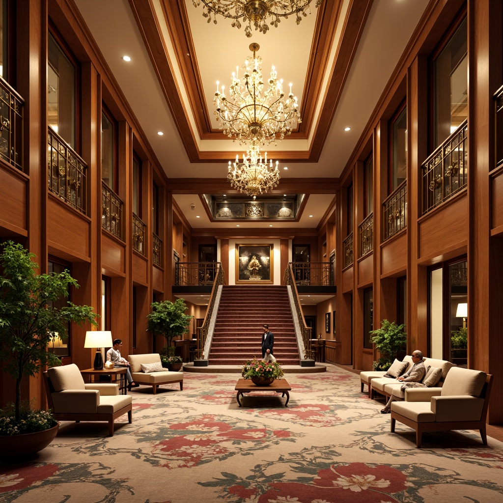 Prompt: Luxurious hotel lobby, rich wood paneling, elegant chandeliers, plush carpeting, sophisticated furniture, velvet upholstery, ornate mirrors, warm golden lighting, classic architectural details, intricate moldings, lavish furnishings, grand staircase, majestic columns, opulent textiles, soft pastel colors, inviting ambiance, serene atmosphere, 1/1 composition, shallow depth of field, realistic textures, ambient occlusion.