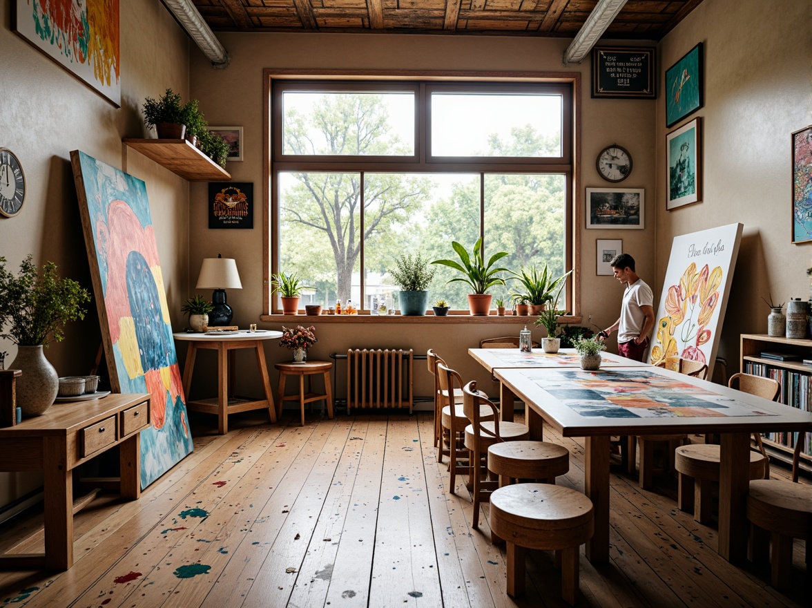 Prompt: Vibrant art studio, eclectic decor, bold brushstrokes, colorful canvases, artistic tools, paint-splattered tables, inspirational quotes, natural light pouring in, wooden floors, minimalist furniture, harmonious color palette, pastel hues, soft peach tones, calming blues, earthy browns, rich greens, creamy whites, warm golden accents, subtle texture overlays, realistic brush strokes, atmospheric lighting, shallow depth of field, 1/2 composition, intimate close-up shots.