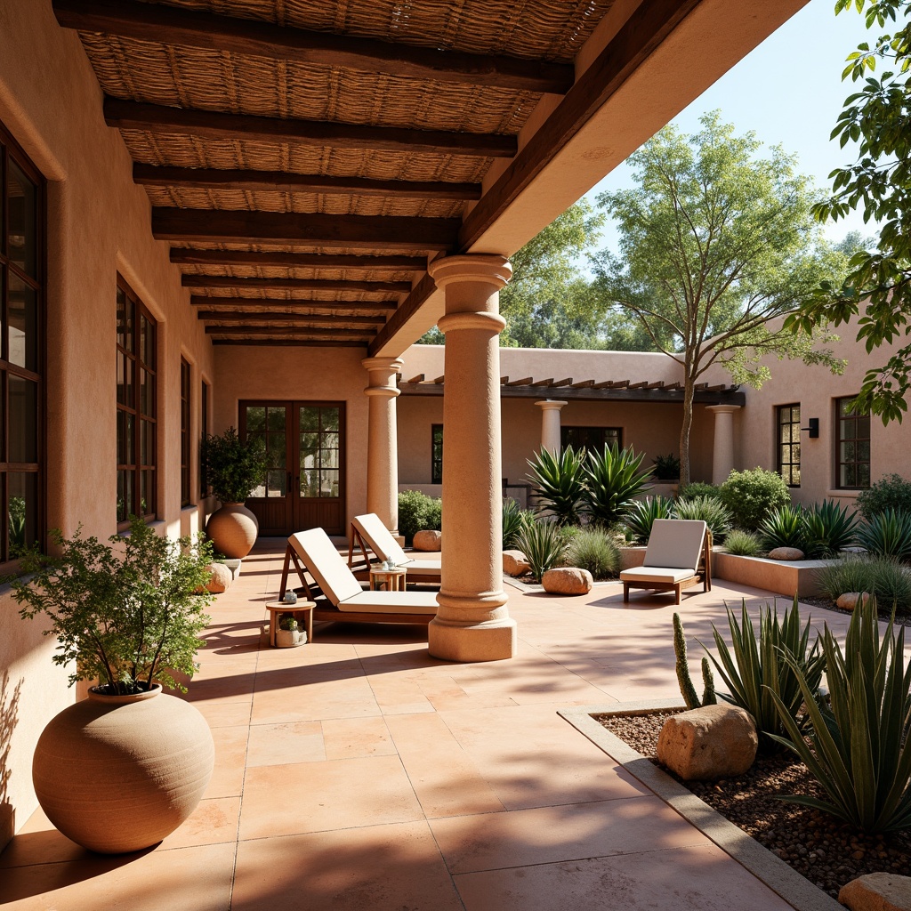 Prompt: Earthy adobe architecture, rustic wooden accents, warm terracotta floors, vibrant turquoise hues, natural stone walls, woven textiles, earthy ceramic vases, lush greenery, sprawling cacti, sun-kissed courtyards, soft warm lighting, shallow depth of field, 3/4 composition, panoramic view, realistic textures, ambient occlusion.