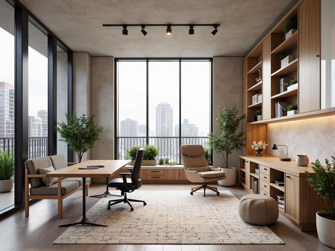 Prompt: Minimalist home office, modern ergonomic furniture, sleek metal desks, comfortable cushioned chairs, floor-to-ceiling windows, natural light, urban cityscape views, green plants, geometric patterns, Scandinavian-inspired decor, wooden accents, cozy reading nooks, built-in shelving units, hidden storage compartments, adjustable lighting systems, warm neutral color palette, 1/1 composition, shallow depth of field, realistic textures, ambient occlusion.