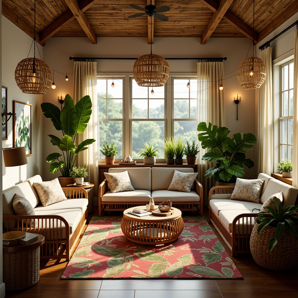 Prompt: Vibrant tropical dorm room, warm soft lighting, rattan furniture, woven textiles, natural fiber rugs, palm tree prints, colorful floral patterns, wooden accents, distressed finishes, relaxed coastal vibe, calming ambiance, table lamps with linen shades, floor lamps with wicker details, string lights with seashell decorations, warm white light bulbs, cozy reading nooks, plush throw pillows, tropical greenery, exotic plants, sunny day, shallow depth of field, 1/1 composition, realistic textures, ambient occlusion.