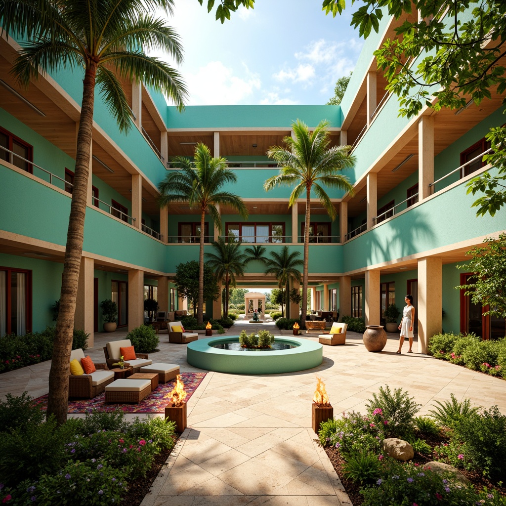 Prompt: Vibrant tropical public administration building, coral-inspired fa\u00e7ade, bright turquoise walls, warm beige columns, lush greenery surroundings, palm tree-lined walkways, natural wood accents, rattan furniture, colorful tiki torches, exotic flower-patterned textiles, sunny open atrium, soft warm lighting, shallow depth of field, 3/4 composition, realistic textures, ambient occlusion.