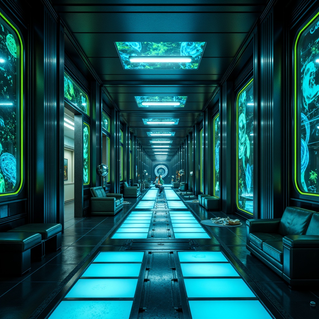 Prompt: Neon-lit futuristic corridors, glowing floor paths, ambient LED lighting, holographic projections, sleek metal accents, minimalist furnishings, retro-futuristic decor, sci-fi inspired color schemes, electric blue hues, neon green accents, dark polished floors, glossy surfaces, reflective ceilings, immersive atmosphere, cinematic lighting effects, 1/1 composition, dramatic shadows, high-contrast lighting, futuristic gadgets, holographic displays, virtual reality interfaces.