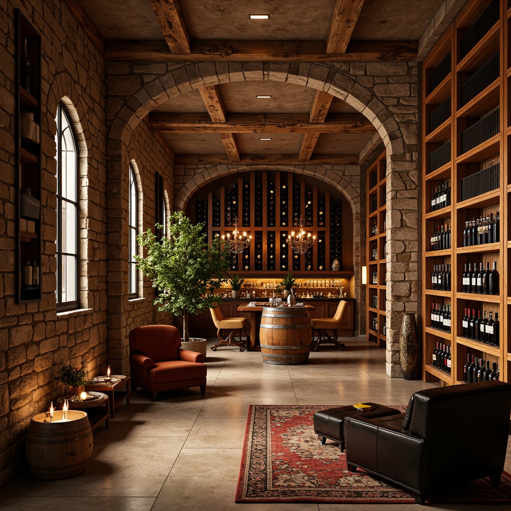 Prompt: Luxurious wine cellar, rustic wooden racks, polished metal shelves, ambient warm lighting, rich wood grain textures, vintage wine barrels, sophisticated stone walls, elegant archways, ornate metalwork details, refined glassware displays, premium leather furnishings, earthy tone color palette, dramatic ceiling heights, intimate cozy atmosphere, softbox lighting, 1/1 composition, realistic reflective surfaces.