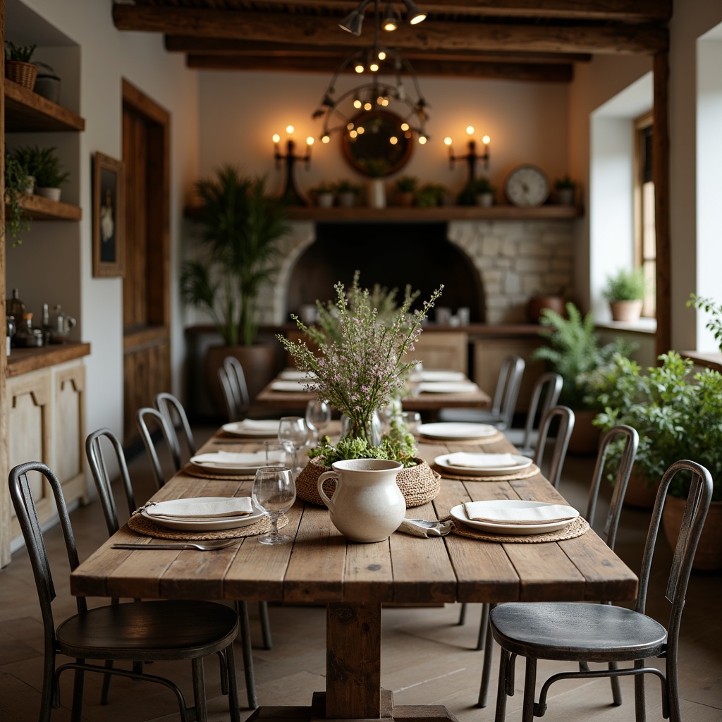 Prompt: Rustic wooden tables, vintage metal chairs, distressed finishes, earthy tones, natural fabrics, woven baskets, potted greenery, candle centerpieces, warm soft lighting, shallow depth of field, 1/1 composition, cozy atmosphere, farmhouse decor, traditional architecture, stone walls, wooden beams, country-style accents, wildflower arrangements, linen tablecloths, antique utensils, earthenware vases.