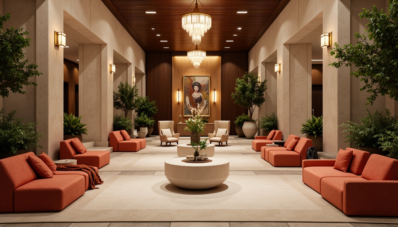 Prompt: Luxurious hotel lobby, rich wood accents, velvet furnishings, elegant chandeliers, warm beige walls, soft cream carpets, subtle gold metallic details, lush greenery, natural stone floors, modern minimalist decor, ambient warm lighting, 3/4 composition, shallow depth of field, realistic textures, vibrant coral hues, deep navy blues, earthy terracotta tones, creamy whites, sophisticated neutral palette.