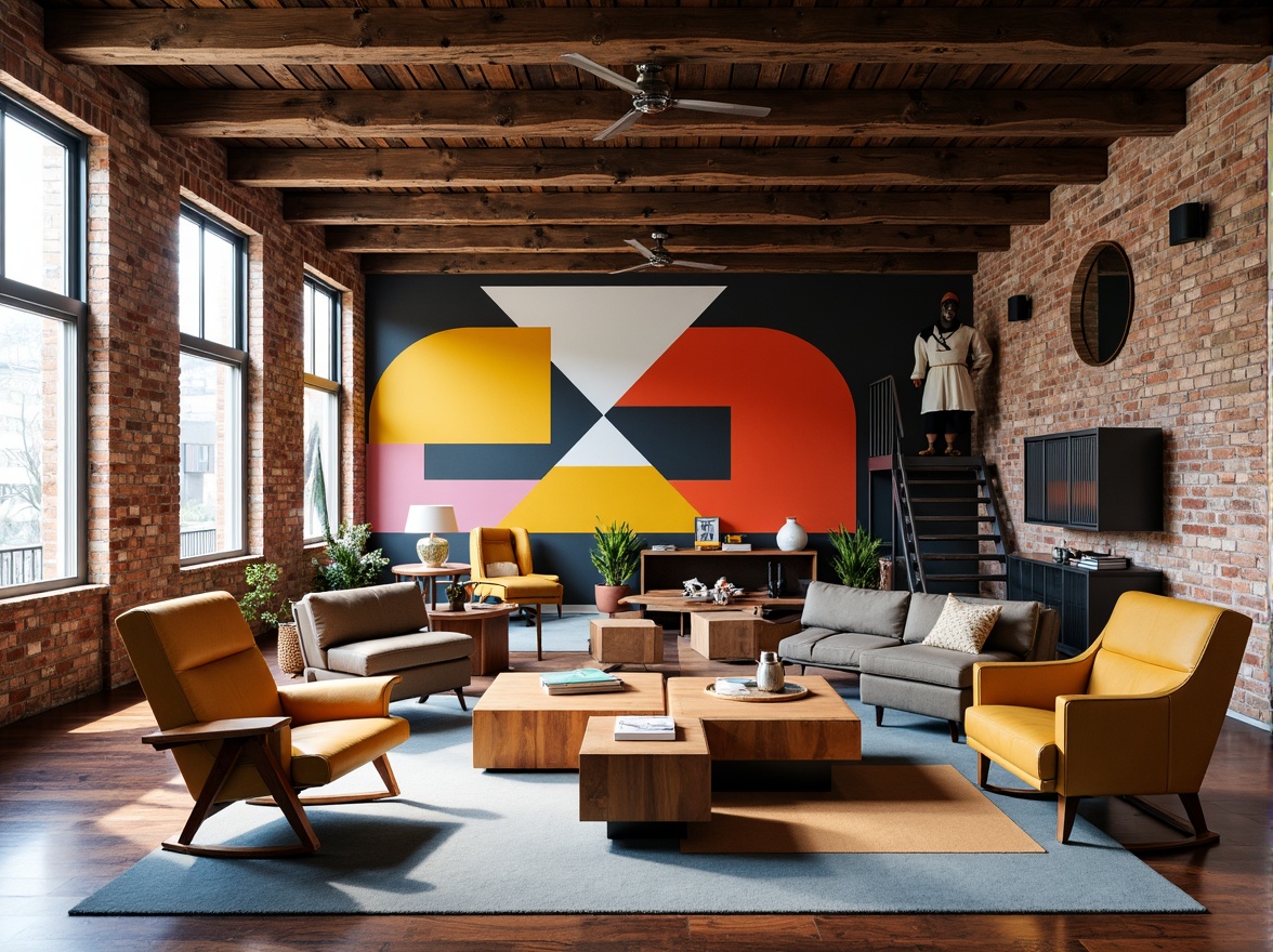 Prompt: Vibrant primary colors, bold geometric shapes, industrial materials, exposed brick walls, polished steel accents, rich walnut wood tones, minimalist decor, functional furniture, graphic patterns, bold typography, abstract artwork, urban loft atmosphere, natural light pouring in, high ceilings, open floor plan, eclectic mix of vintage and modern pieces, distressed textures, avant-garde spirit, 1920s Berlin inspiration, modernist architecture, monochromatic color schemes, abstract expressionism, brutalist elements.