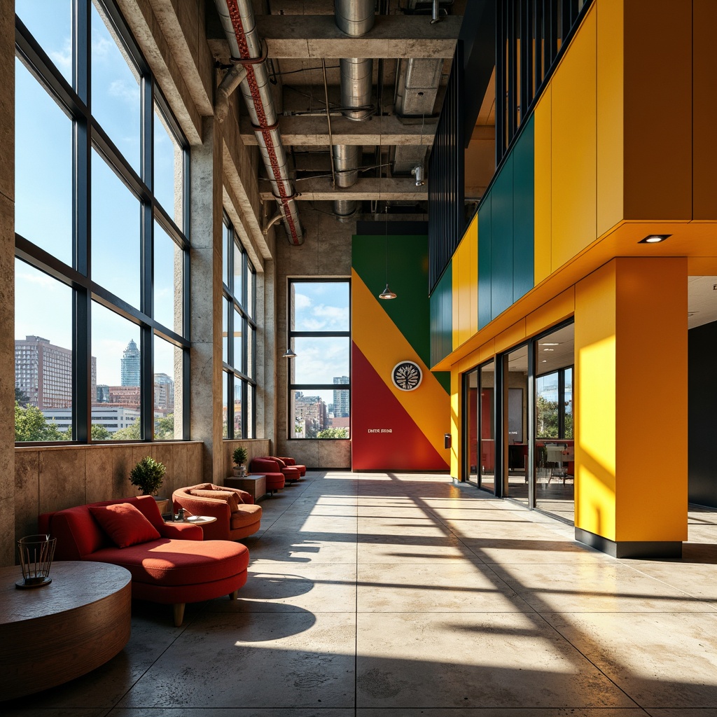 Prompt: Vibrant Bauhaus building, bold primary colors, geometric shapes, industrial materials, exposed ductwork, functional typography, minimalist decor, urban cityscape, sunny day, high contrast lighting, shallow depth of field, 2/3 composition, architectural photography, realistic textures, ambient occlusion, metallic accents, concrete floors, steel beams, wooden furniture, abstract artwork, graphic patterns, bold color blocking.