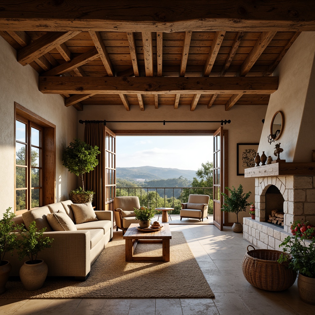 Prompt: Rustic farmhouse, open floor plan, wooden beams, natural stone walls, vintage farm tools, distressed wood accents, earthy color palette, cozy fireplace, plush furniture, natural textiles, woven baskets, potted plants, large windows, sliding glass doors, rolling hills, countryside views, sunny day, soft warm lighting, shallow depth of field, 3/4 composition, panoramic view, realistic textures, ambient occlusion.