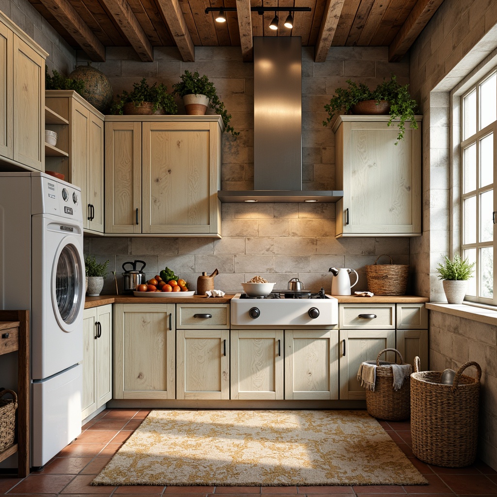 Prompt: Distressed wooden cabinetry, soft pastel hues, vintage metal accents, ornate decorative hardware, lace trim details, floral patterns, rustic stone walls, worn brick floors, natural fiber rugs, woven baskets, linen fabrics, antique laundry equipment, distressed finishes, warm golden lighting, shallow depth of field, 1/1 composition, realistic textures, ambient occlusion.