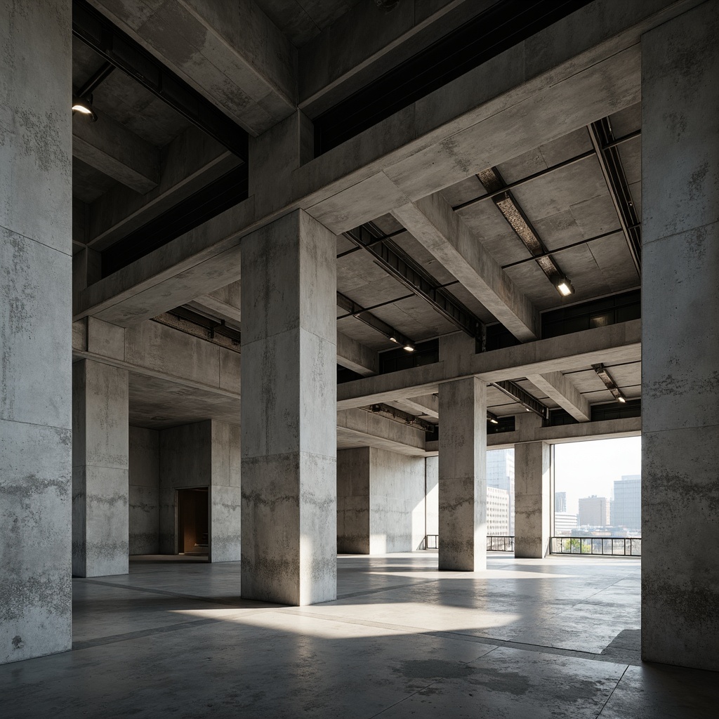 Prompt: Exposed concrete structures, rugged brutalist architecture, vast open spaces, industrial-style lighting, metal beams, raw concrete textures, minimalist decor, functional simplicity, urban cityscape, dramatic shadows, low-angle photography, cinematic composition, high-contrast lighting, bold geometric shapes, monochromatic color scheme, weathered steel accents, poured concrete floors, floor-to-ceiling windows, brutalist monumentality.