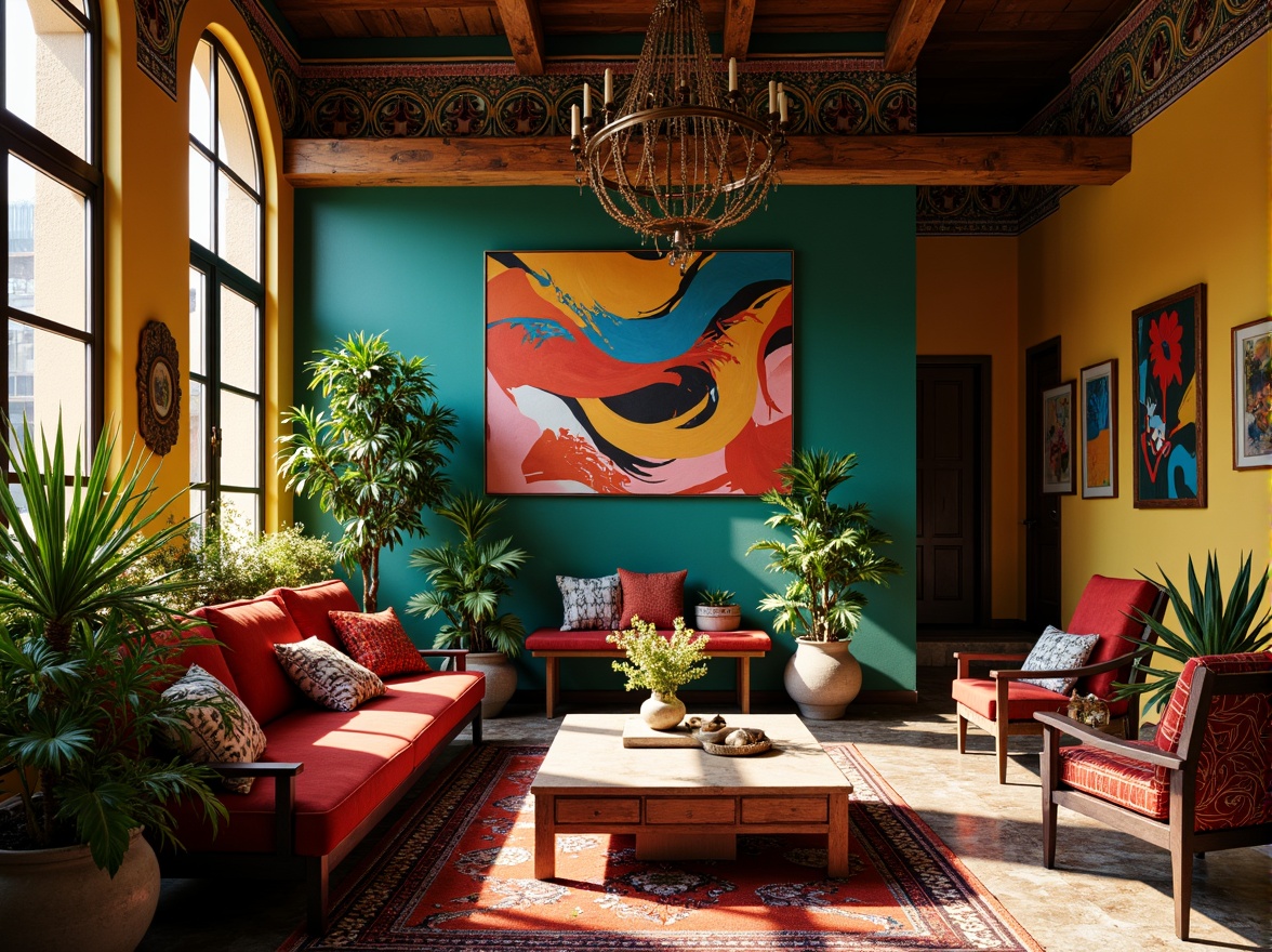 Prompt: Vibrant artistic studio, eclectic bohemian decor, rich jewel-toned walls, bold brushstroke patterns, ornate golden accents, luxurious velvet fabrics, intricate Moroccan tiles, exotic tropical plants, warm golden lighting, shallow depth of field, 1/1 composition, realistic textures, ambient occlusion.