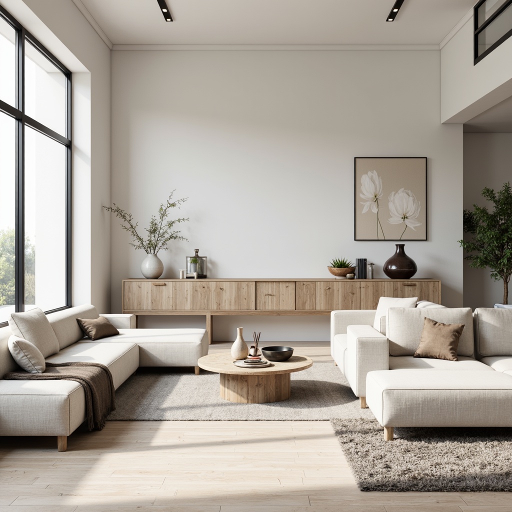 Prompt: Monochromatic interior, soft creamy whites, gentle grays, taupe accents, natural wood tones, matte finishes, clean lines, minimal ornamentation, abundant natural light, airy spaciousness, subtle texture variations, calming atmosphere, warm neutral tones, Scandinavian-inspired design, industrial chic influences, bold black accents, elegant simplicity, refined sophistication.