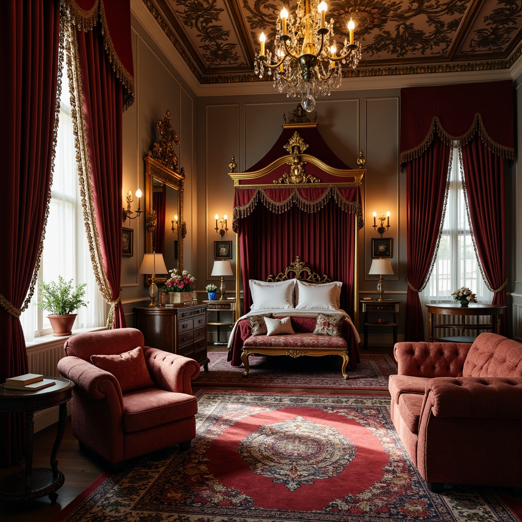 Prompt: Luxurious velvet drapes, intricate lace curtains, richly patterned oriental rugs, ornate wooden furniture, carved four-poster beds, plush tassel-trimmed armchairs, heavily embroidered upholstery, gilded mirrors, crystal chandeliers, warm gaslit ambiance, soft focus photography, shallow depth of field, 1/1 composition, realistic textures, ambient occlusion.