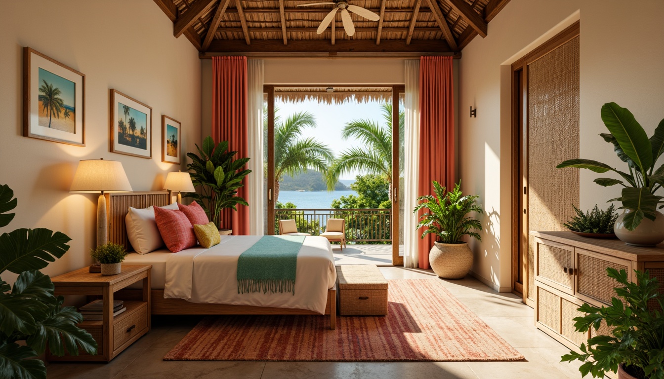 Prompt: Vibrant tropical bedroom, warm sandy beige walls, lush greenery accents, exotic wooden furniture, natural woven textiles, bright coral pink hues, sunny yellow tones, soft turquoise shades, ocean-inspired blues, palm tree silhouettes, floral patterns, rattan decorative elements, woven bamboo details, creamy white trim, subtle texture overlays, warm golden lighting, shallow depth of field, 1/1 composition, realistic renderings, ambient occlusion.