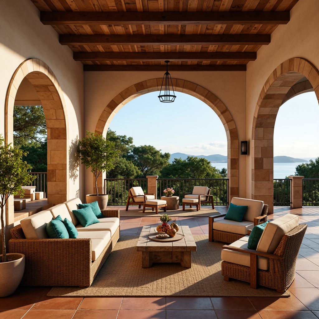 Prompt: Warm Mediterranean villa, curved archways, rustic stone walls, wooden beam ceilings, terra cotta flooring, ornate tile work, plush velvet sofas, distressed wood coffee tables, woven wicker armchairs, natural linen upholstery, earthy color palette, turquoise accents, pendant lanterns, lush greenery, potted plants, scenic coastal views, soft warm lighting, 1/1 composition, realistic textures.