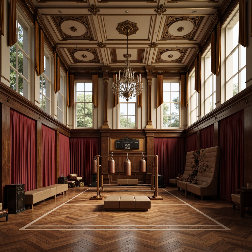 Prompt: Elegant gymnasium interior, high ceilings, ornate moldings, grand chandeliers, polished marble floors, herringbone wood flooring, dark-stained oak paneling, luxurious velvet curtains, antique bronze fixtures, classic athletic equipment, leather-bound punching bags, wooden gymnastic beams, vintage-inspired scoreboard, soft warm lighting, 1/1 composition, shallow depth of field, realistic textures.