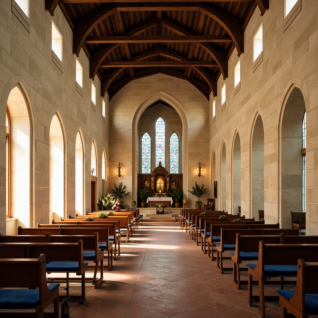 Prompt: \Elegant church interior, soft warm lighting, cream-colored stone walls, stained glass windows, wooden pews, ornate altar, subtle gold accents, rich velvet fabrics, calming blue tones, earthy terracotta floors, rustic wooden beams, serene atmosphere, natural textures, 1/1 composition, warm color harmony, realistic rendering, ambient occlusion.\