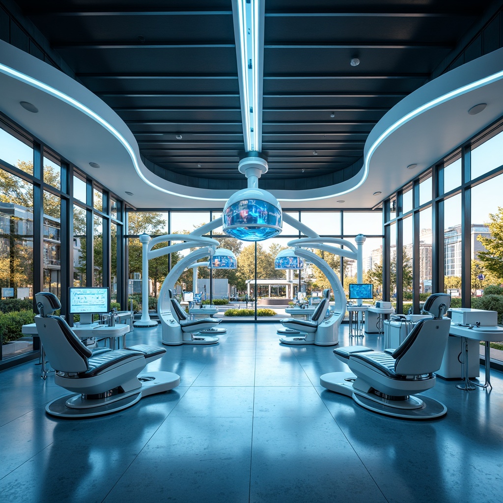 Prompt: Futuristic dental clinic, sleek metal frames, curved lines, minimalist interior design, neon accent lighting, holographic displays, virtual reality experience zones, sterilization chambers, advanced medical equipment, futuristic dentist chairs, hygienic surfaces, antiseptic ambiance, calming blue color scheme, ambient occlusion, shallow depth of field, 3/4 composition, panoramic view, realistic textures, soft warm lighting, modern architecture, floor-to-ceiling windows, sliding glass doors, urban cityscape views, bustling street life, morning sunlight.