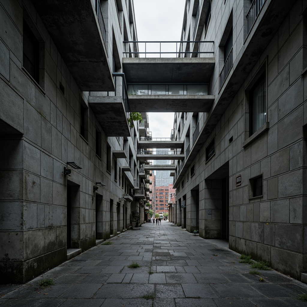 Prompt: Gritty brutalist architecture, monochromatic concrete walls, rugged stone textures, industrial metal beams, exposed ductwork, urban cityscape, overcast skies, dramatic shadows, high-contrast lighting, stark minimalism, functional simplicity, raw materiality, distressed finishes, weathered effects, bold geometric forms, monumental scale, cinematic atmosphere, low-angle photography, intense highlights, deep black shadows, 2.35