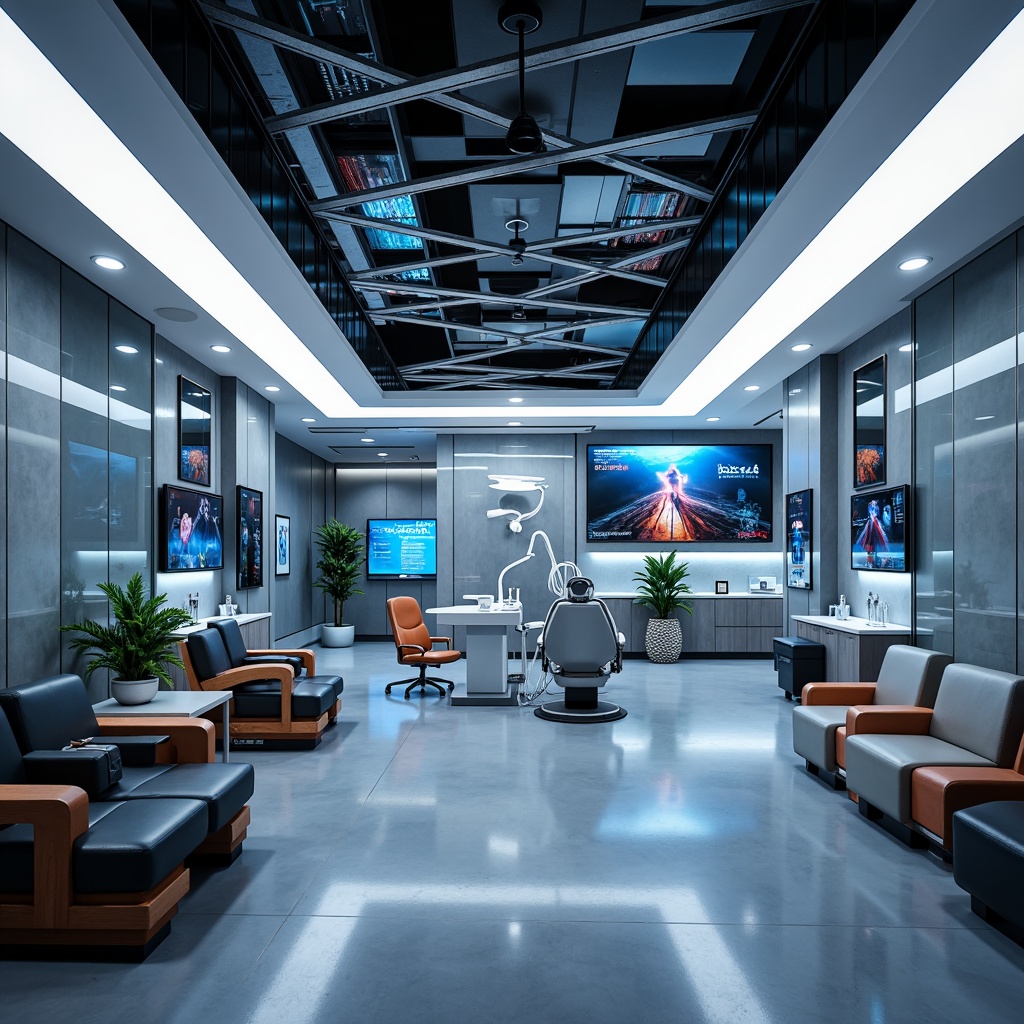 Prompt: Futuristic dental clinic, sleek metallic surfaces, minimalist design, angular lines, vibrant neon lights, holographic displays, virtual reality stations, advanced medical equipment, sterilization chambers, hydraulic chairs, LED lighting systems, glass partitions, open-plan waiting areas, ergonomic furniture, calming color schemes, ambient occlusion, shallow depth of field, 3/4 composition, panoramic view, realistic textures, soft warm lighting, innovative air purification systems, sustainable materials, eco-friendly waste management.