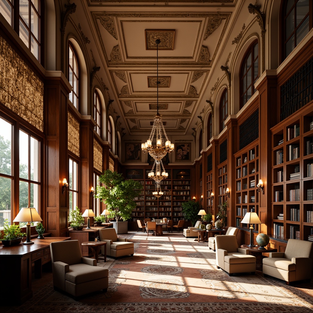 Prompt: Grand traditional library, rich wood tones, ornate moldings, elegant chandeliers, warm soft lighting, table lamps, floor lamps, comfortable reading nooks, classic bookshelves, leather-bound books, vintage globes, intricate stucco ceilings, large windows, natural light pouring in, subtle shadows, warm beige walls, plush carpeting, comfortable seating areas, cozy atmosphere, relaxing ambiance, warm color palette, soft focus, shallow depth of field.