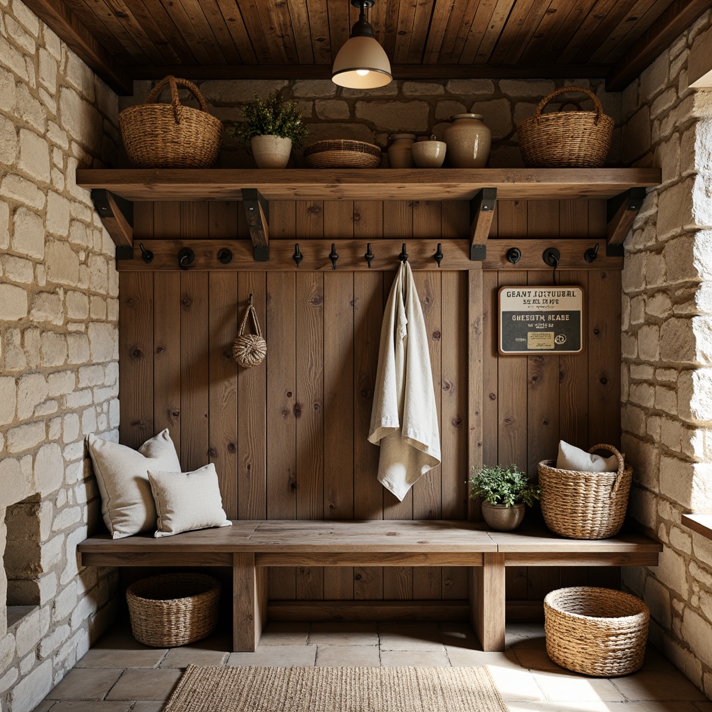 Prompt: Rustic mudroom, natural stone walls, earthy tones, wooden accents, woven baskets, vintage signs, distressed wood shelves, industrial metal hooks, reclaimed wood bench, woven textiles, warm task lighting, cozy atmosphere, shallow depth of field, 1/2 composition, realistic textures, ambient occlusion.