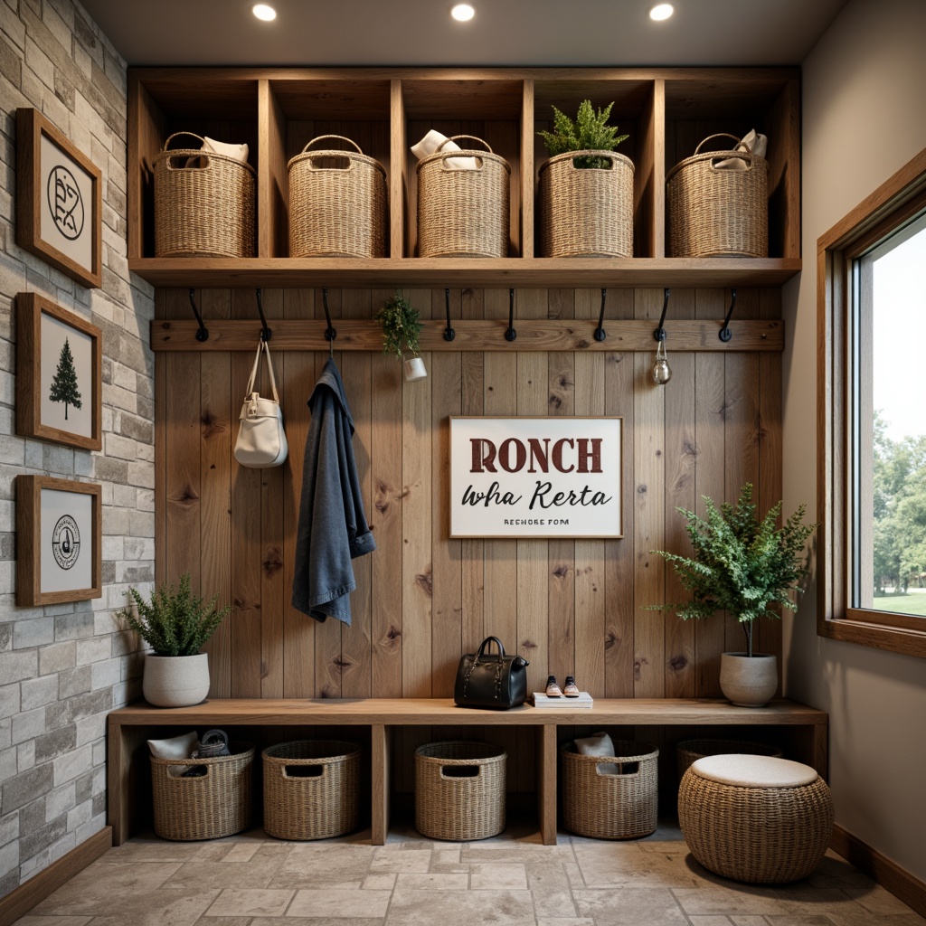 Prompt: Mudroom wall design, rustic wooden planks, earthy tone colors, natural stone accents, woven basket storage, industrial metal hooks, reclaimed wood shelves, vintage-inspired decorative signs, modern minimalist lighting fixtures, soft warm glow, shallow depth of field, 3/4 composition, realistic textures, ambient occlusion.