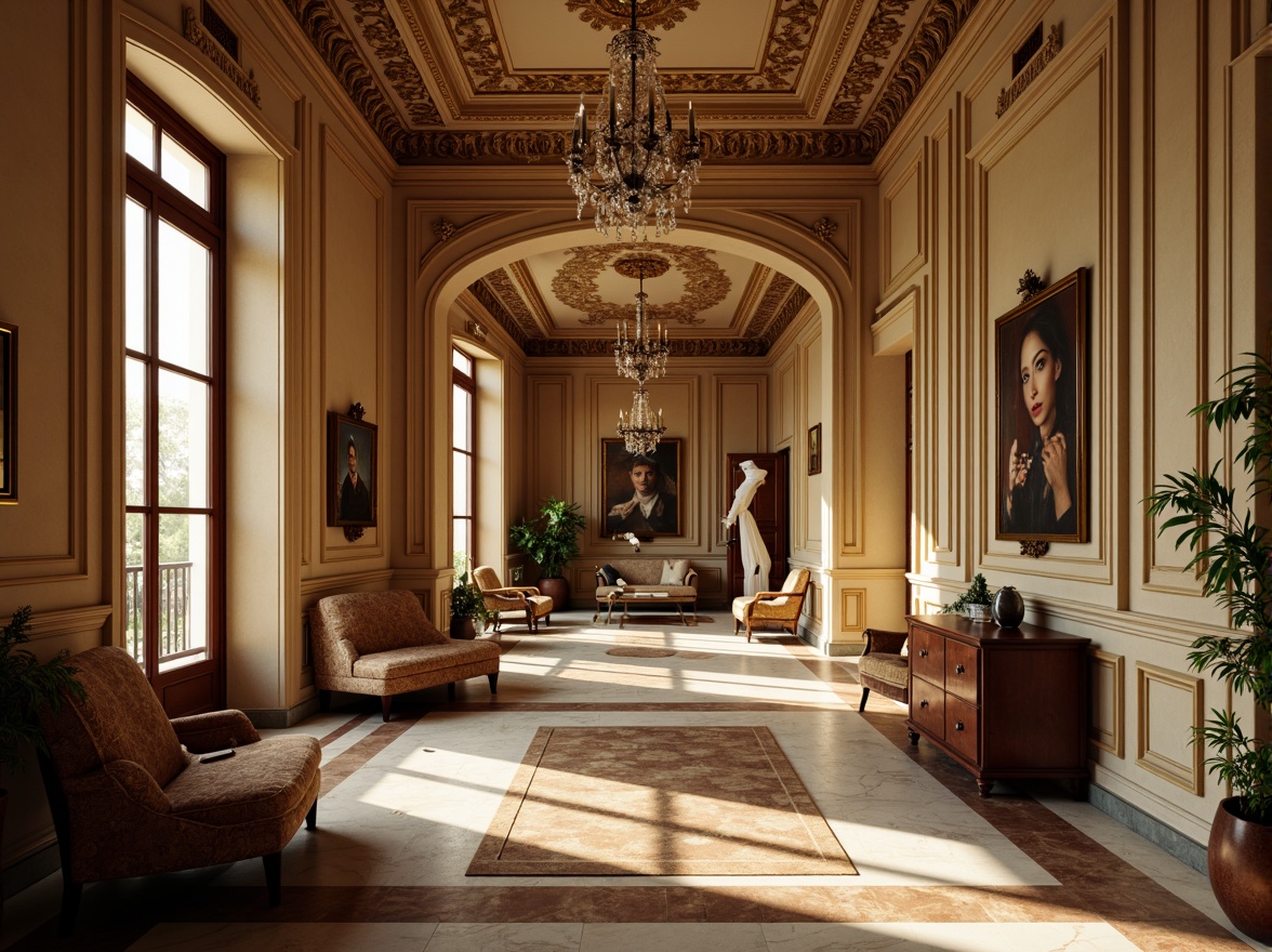 Prompt: Richly ornamented neoclassical interior, elegant archways, intricately carved moldings, ornate ceiling decorations, crystal chandeliers, lavish fabrics, velvet drapes, gilded accents, marble flooring, warm beige walls, soft cream trim, rich walnut wood tones, antique furnishings, subtle golden lighting, dramatic shadows, 1/1 composition, cinematic view, highly detailed textures, realistic reflections.