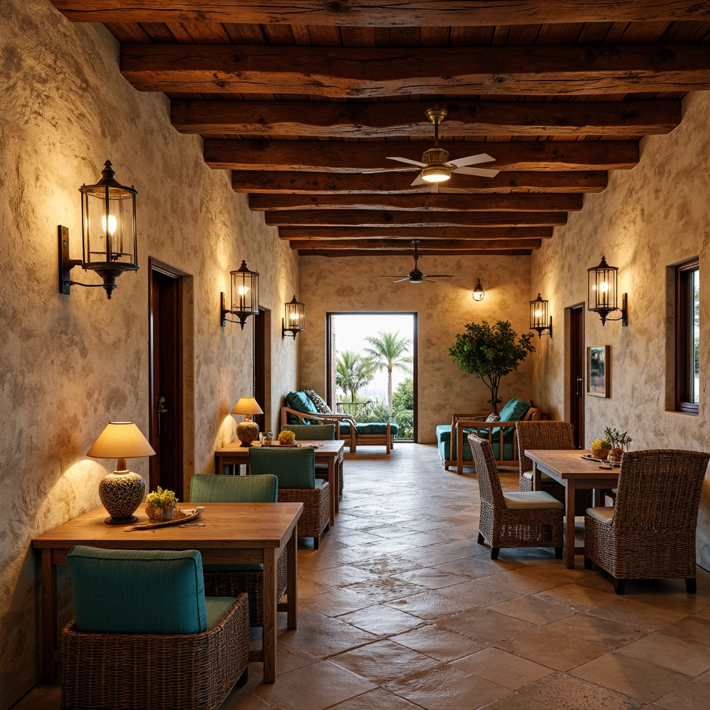 Prompt: Warm Mediterranean ambiance, rustic stone walls, wooden beam ceilings, ornate metal lanterns, distressed wood furniture, woven rattan chairs, vibrant turquoise accents, soft warm lighting, pendant lamps with natural linen shades, wrought iron chandeliers, candlelight, ambient glow, 1/1 composition, shallow depth of field, realistic textures, atmospheric rendering.