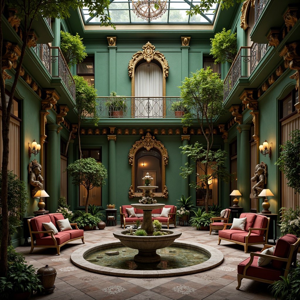 Prompt: Opulent interior courtyard, lush green walls, ornate Rococo furnishings, gilded mirrors, crystal chandeliers, velvet drapes, intricate wood carvings, Baroque-inspired sculptures, lavish fountains, soft warm lighting, shallow depth of field, 1/2 composition, intimate atmosphere, realistic textures, ambient occlusion.