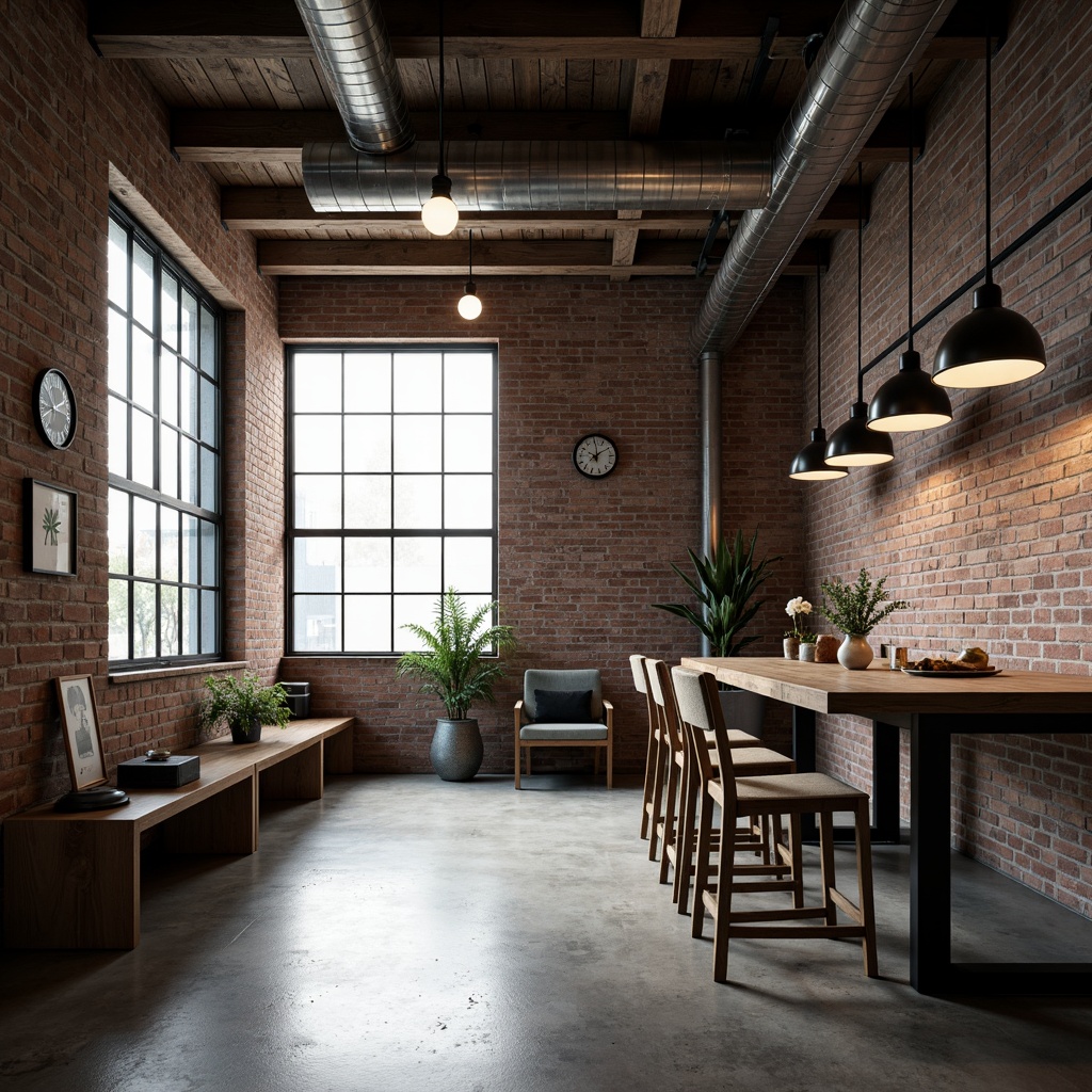 Prompt: Industrial chic interior, exposed brick walls, polished concrete floors, minimalist decor, functional lighting fixtures, metal shades, industrial-style lamps, pendant lights, geometric shapes, monochromatic color scheme, natural light pouring in, soft warm glow, subtle shadows, 1/1 composition, low-key lighting, realistic textures, ambient occlusion.