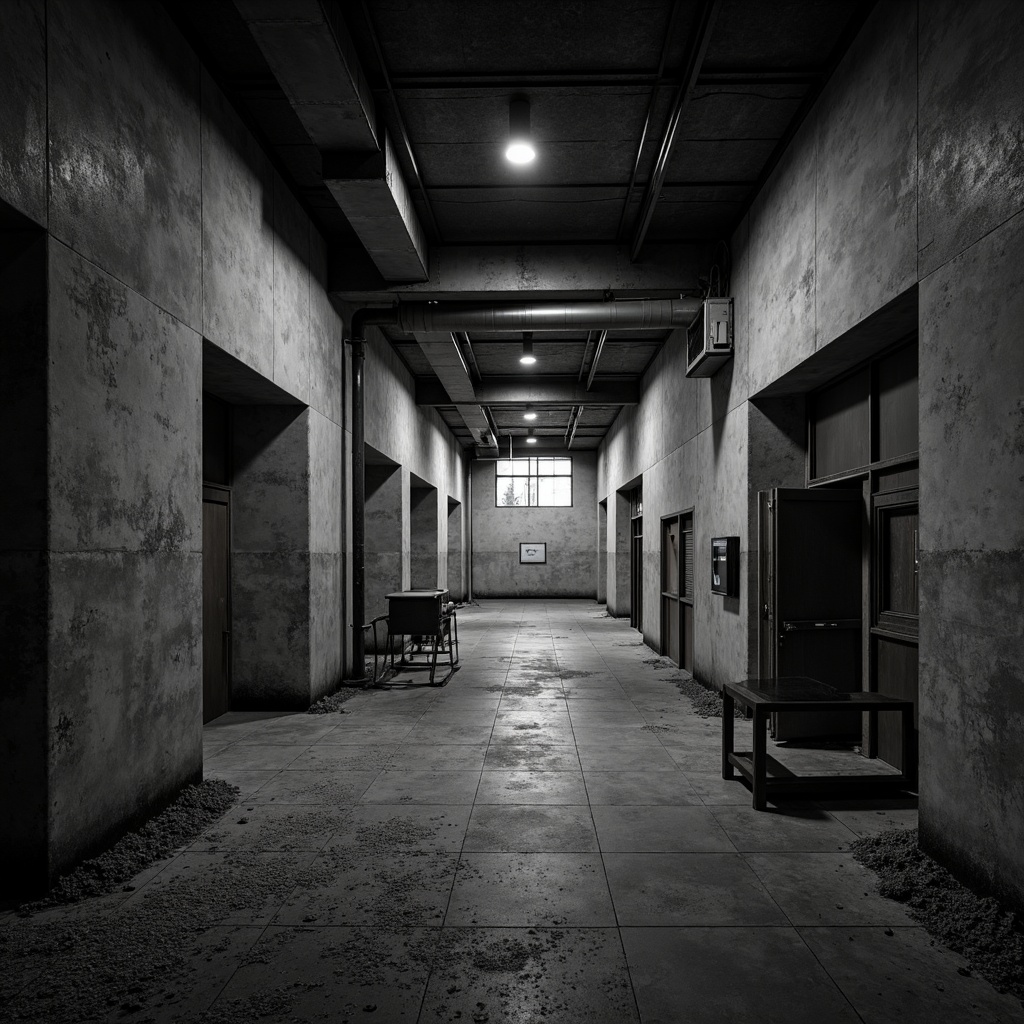 Prompt: Monochromatic brutalist interior, concrete walls, rough textures, industrial materials, steel beams, exposed ductwork, minimalist decor, functional lighting, urban atmosphere, dramatic shadows, low-key illumination, cinematic composition, high-contrast ratio, desaturated colors, bleak mood, abandoned factory setting, distressed finishes, worn-out surfaces, post-apocalyptic ambiance, gritty realism.