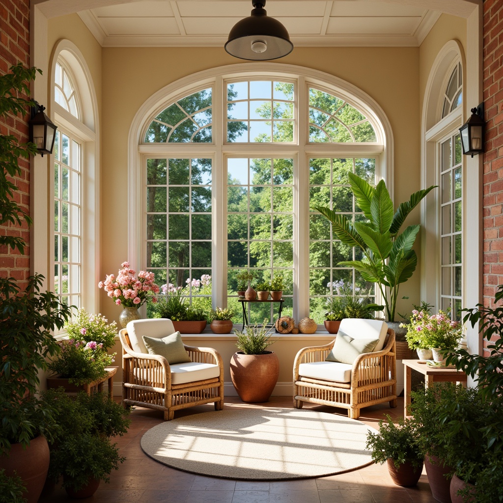 Prompt: Vibrant sunroom, bright natural light, warm beige walls, rich wood accents, lush greenery, blooming flowers, soft peach tones, calming blue hues, creamy whites, nature-inspired textiles, woven rattan furniture, earthy terracotta pots, sunny afternoon, gentle warmth, shallow depth of field, 1/1 composition, realistic textures, ambient occlusion.