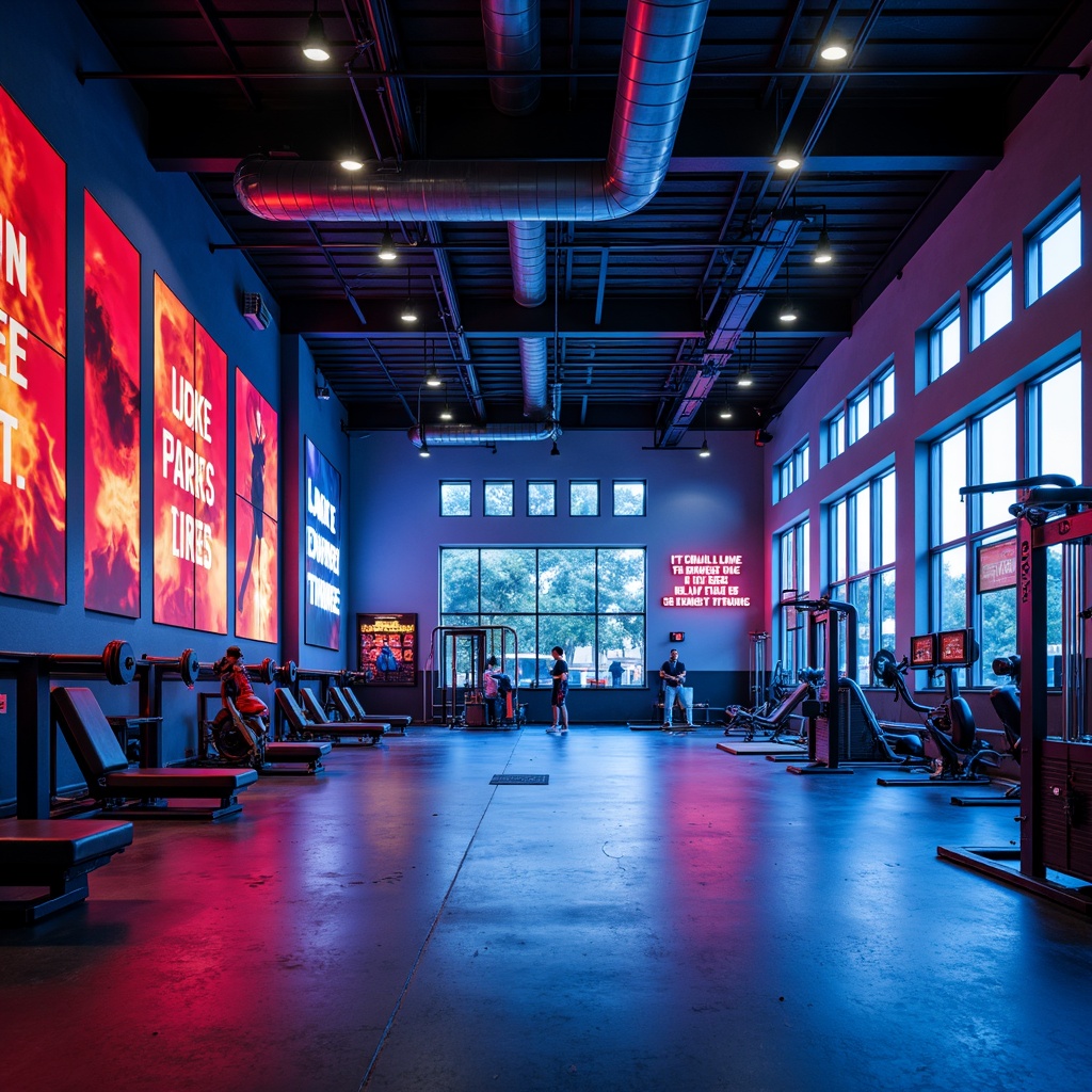 Prompt: Vibrant fitness club, energetic atmosphere, bold color scheme, deep blues, bright whites, accent walls in fiery reds, motivational quotes, modern equipment, sleek metal frames, industrial-style lighting, polished concrete floors, minimalist decor, dynamic typography, high-contrast visuals, dramatic shadows, shallow depth of field, 2/3 composition, wide-angle lens, realistic textures, ambient occlusion.