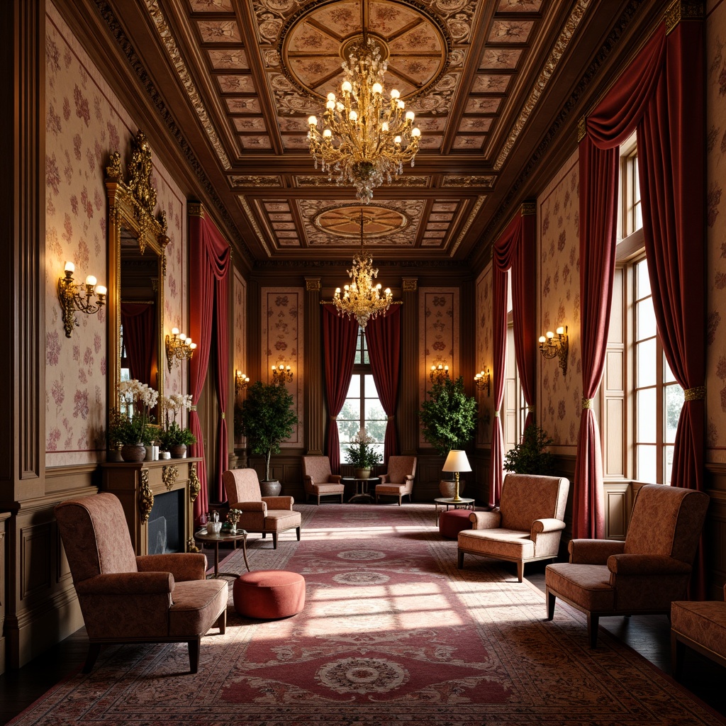 Prompt: Opulent Victorian-era mansion, intricately molded plaster ceilings, ornate chandeliers, richly patterned wallpapers, heavily draped velvet curtains, luxurious wooden paneling, gilded mirrors, intricate moldings, floral patterns, soft warm lighting, shallow depth of field, 3/4 composition, realistic textures, ambient occlusion.