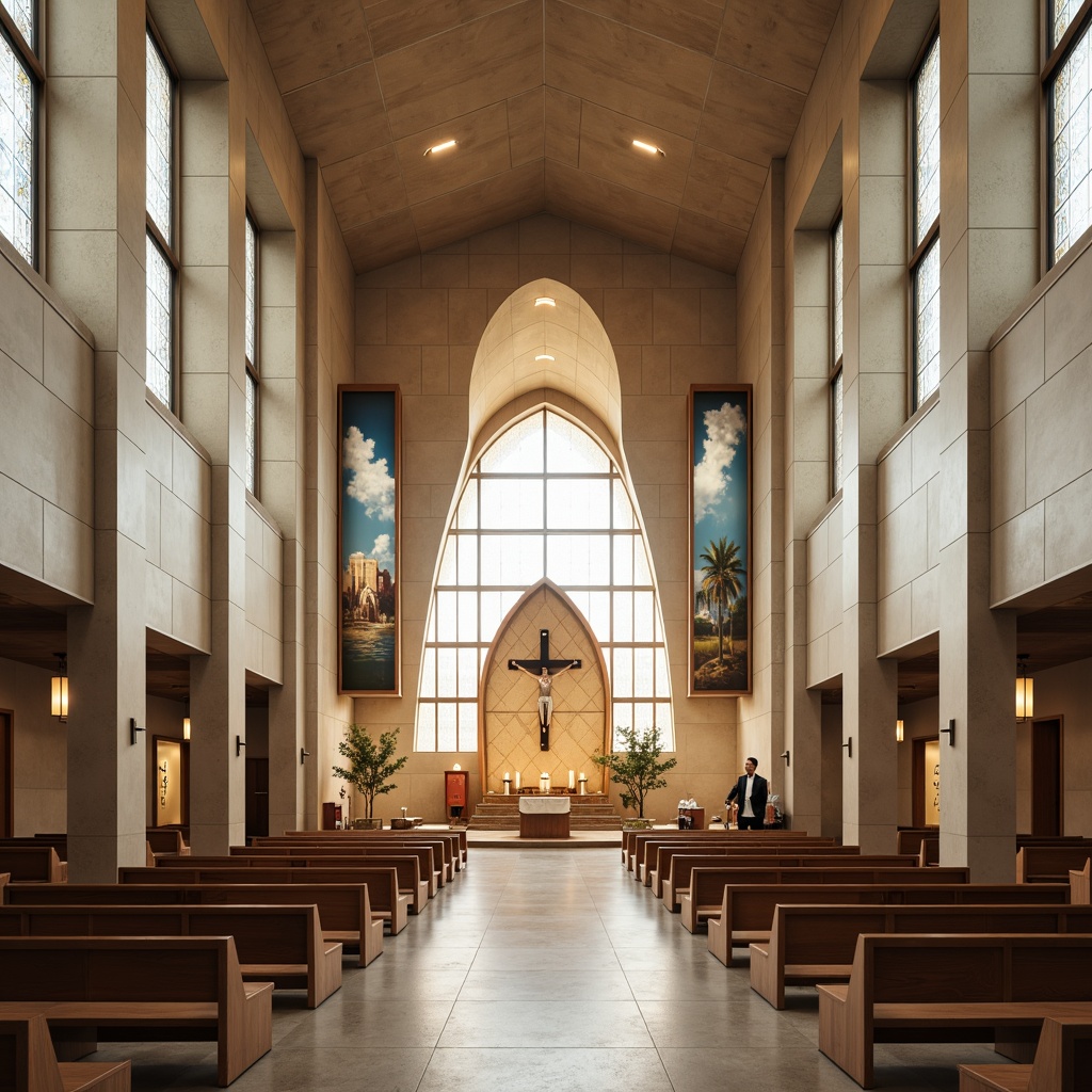 Prompt: Modern church interior, sleek wall finishes, textured concrete surfaces, geometric patterned tiles, stained glass windows, natural stone accents, minimalist decorative elements, ambient soft lighting, warm beige tones, subtle wood grain textures, abstract artistic murals, spiritual symbols, contemporary crucifix designs, minimalist pews, polished metal fixtures, sacred atmosphere, serene ambiance, shallow depth of field, 1/2 composition, realistic reflections.