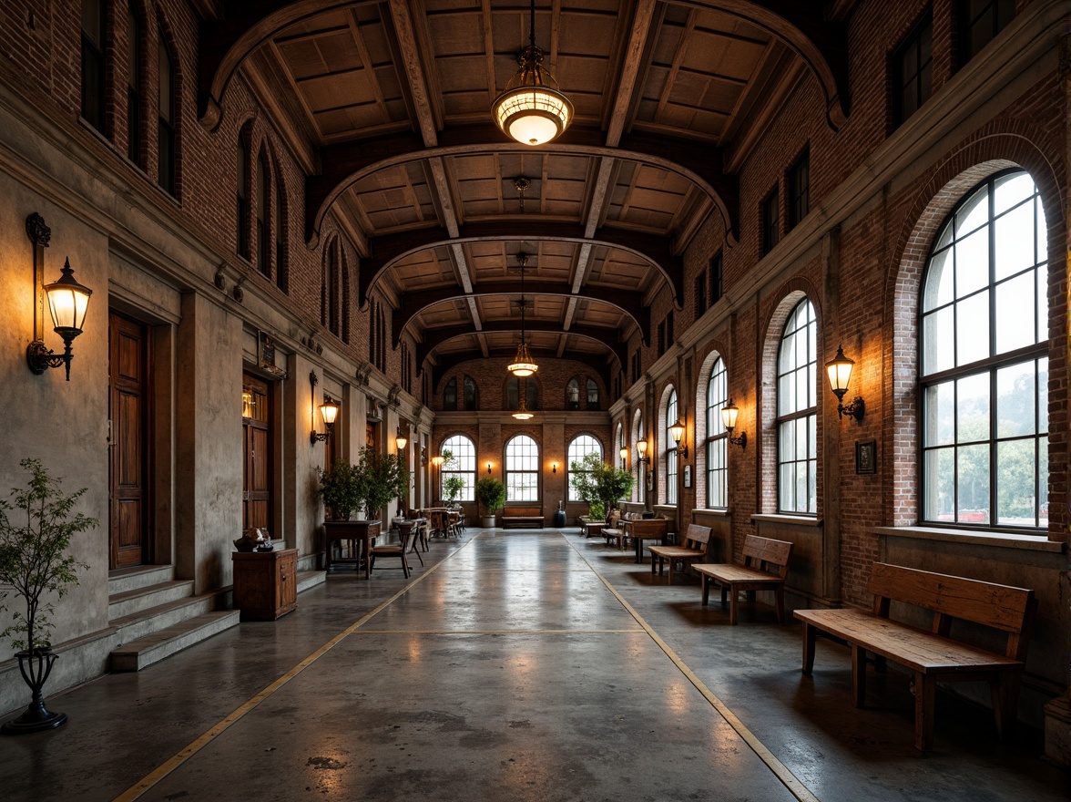 Prompt: Vintage train station, grand architectural design, high ceilings, large windows, ornate details, wooden benches, retro-style lamps, distressed brick walls, industrial-chic flooring, polished concrete surfaces, metallic accents, rustic wood textures, warm cozy lighting, shallow depth of field, 1/2 composition, realistic renderings, ambient occlusion.