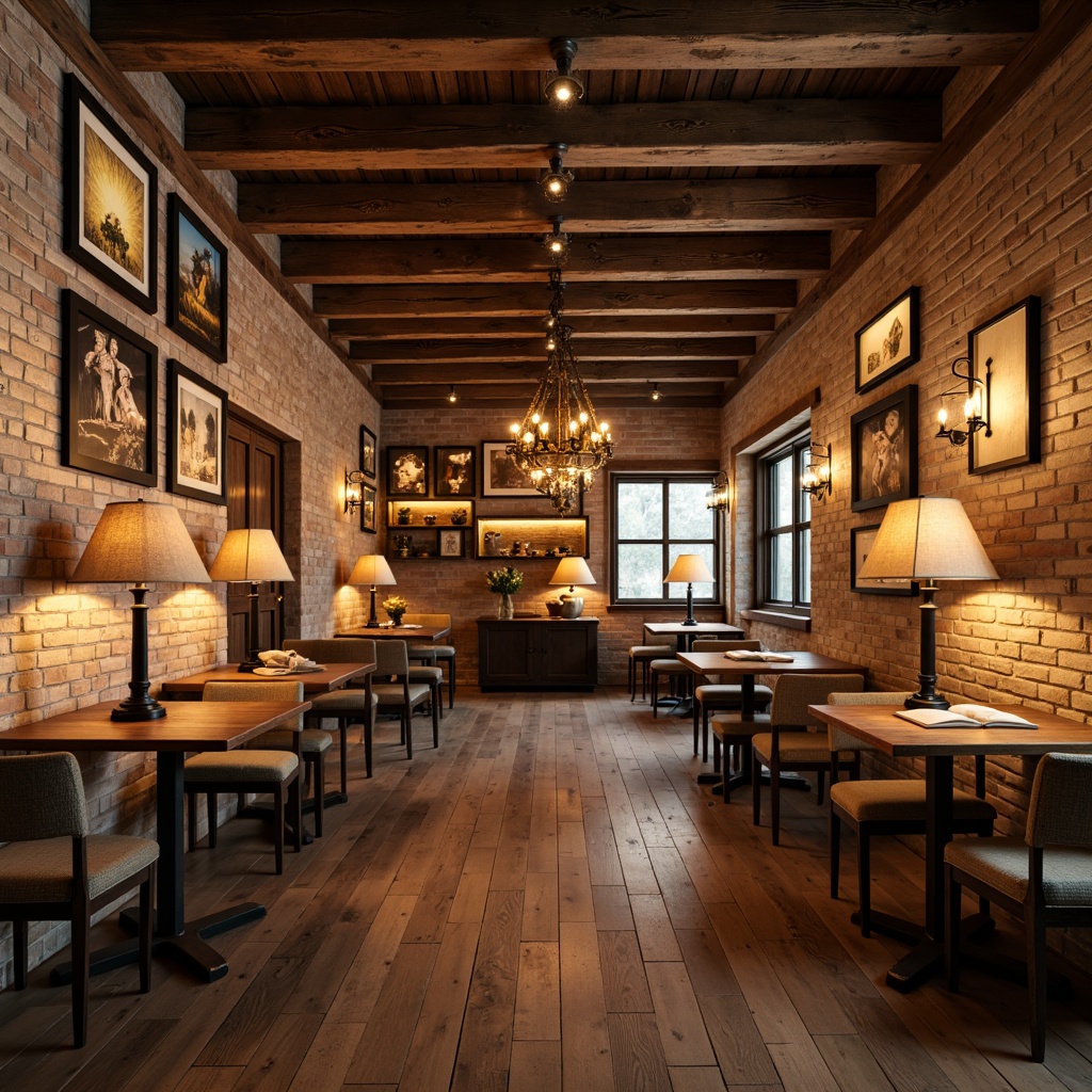 Prompt: Rustic wooden beams, distressed metal accents, vintage industrial lighting, exposed brick walls, reclaimed wood floors, earthy color palette, warm cozy ambiance, table lamps with burlap shades, wrought iron chandeliers, candlelit lanterns, pendant lights with natural linen shades, floor lamps with wooden tripods, soft warm glow, warm beige tones, rustic metal sconces, lantern-style lighting, ambient illumination, 1/2 composition, shallow depth of field, realistic textures.